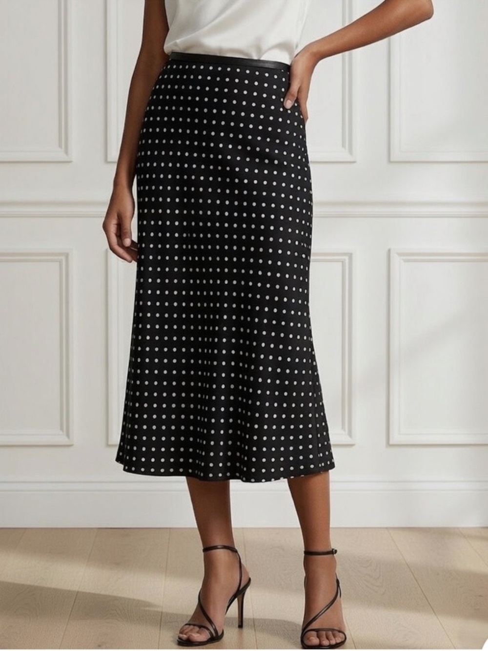 Lauren Ralph Lauren Black Midi Skirt with White Polka Dots NWOT